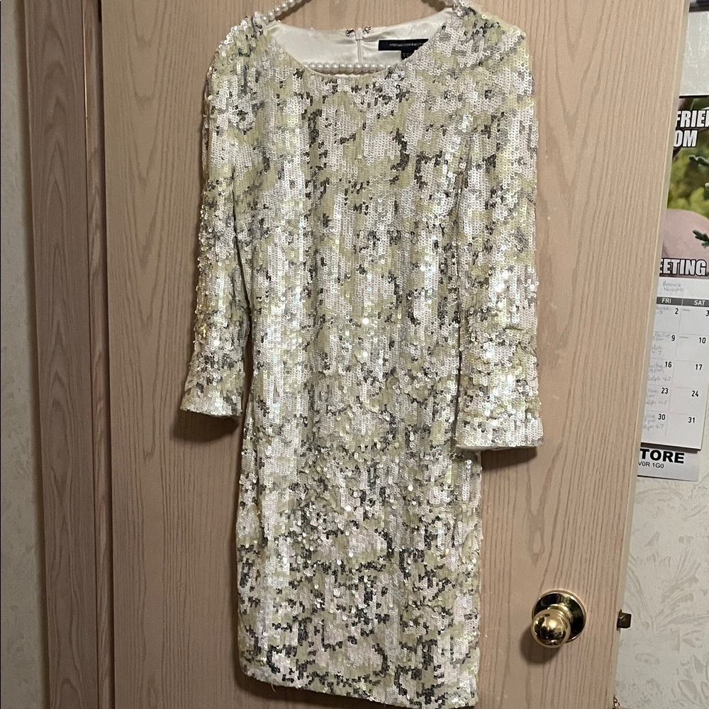 French Connection Cream and Gold Sequin Dress
